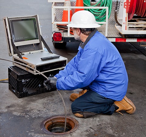 Worker fixing sewer blockage